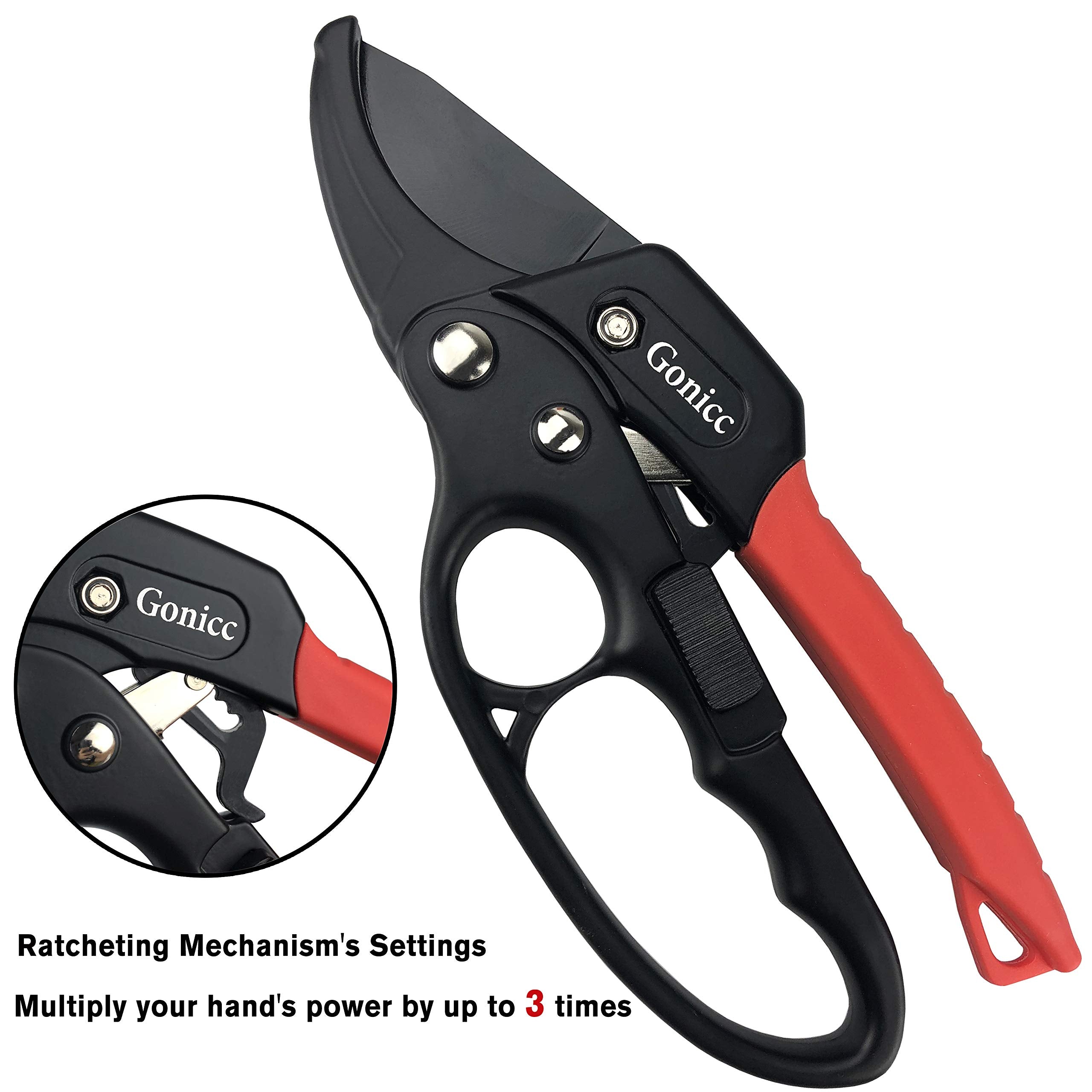 Gonicc ratcheting mechanism pruning shears enabling easier heavy-cut sections