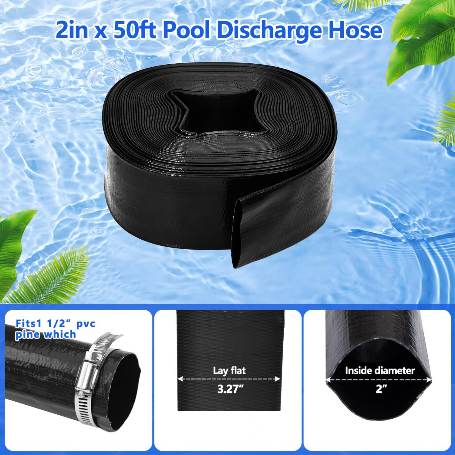 Gonioa heavy-duty pool discharge hose with clamps for secure connections.