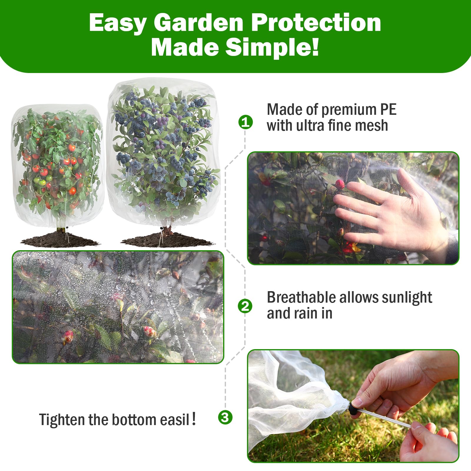 GonLei easy-install-drawstring demonstrates quick securing around plants.