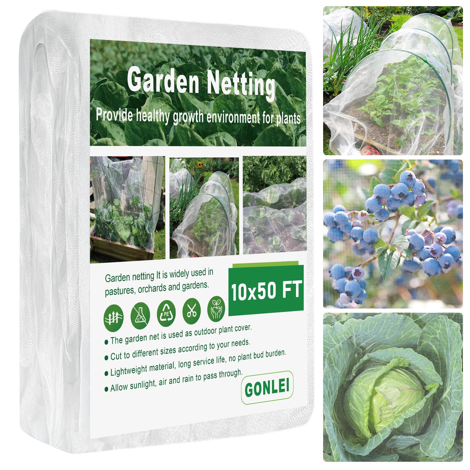 GonLei ultra-fine garden netting in 10x50 ft for broad protection.