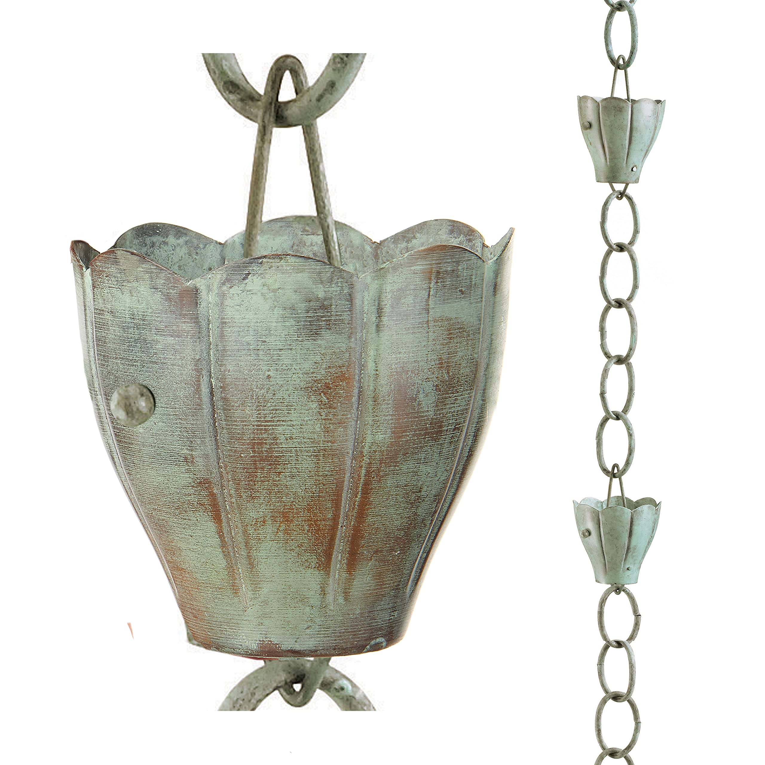 Good Directions Crocus rain chain with blue Verde finish and large cups for dramatic curb appeal.