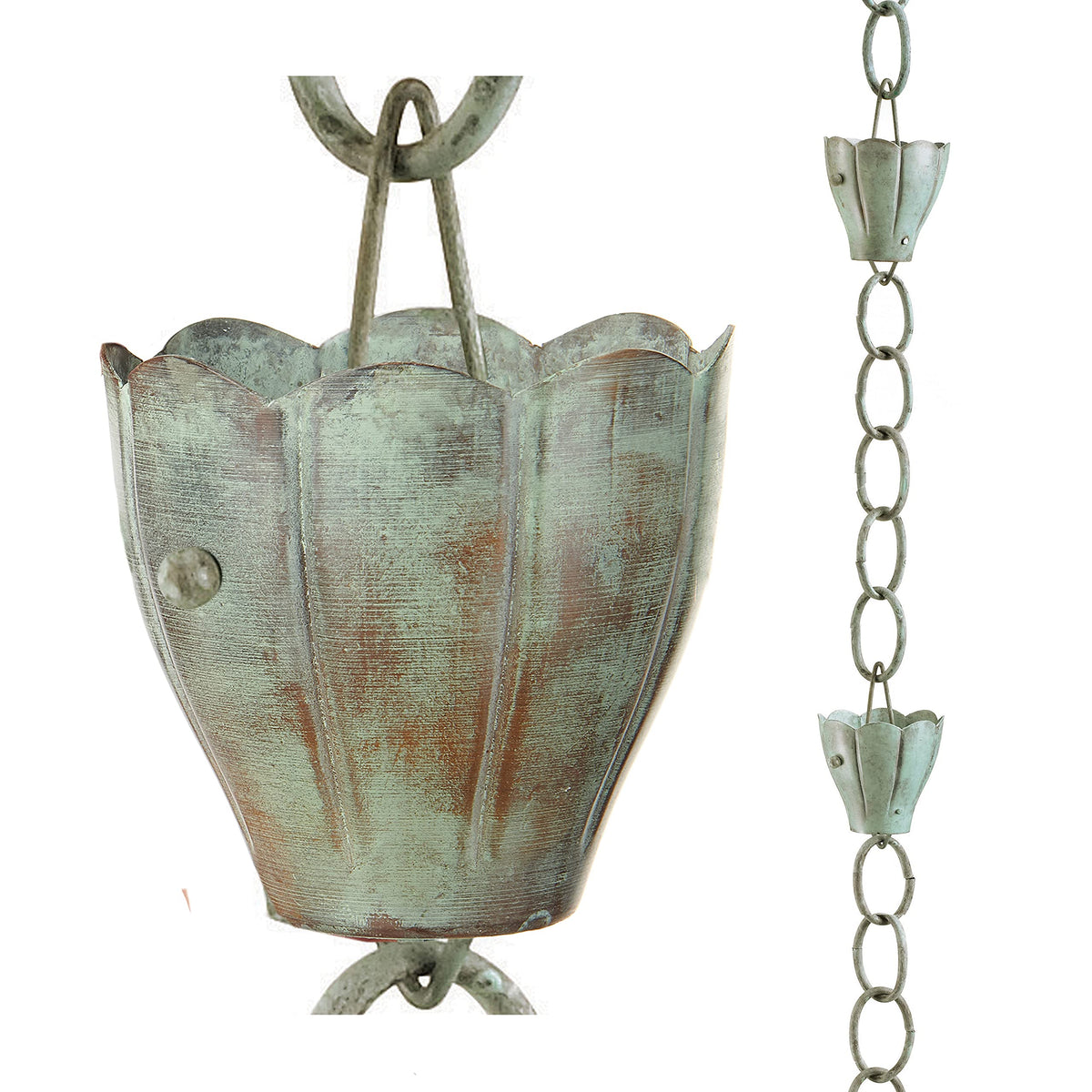 Good Directions Crocus rain chain with blue Verde finish and large cups for dramatic curb appeal.