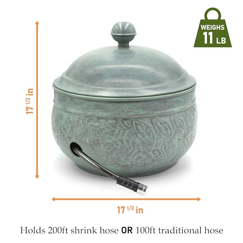 Container holds up to 100 feet of traditional hose for organized storage.