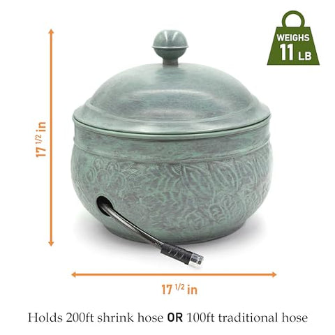 Container holds up to 100 feet of traditional hose for organized storage.
