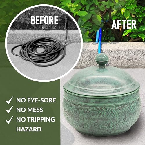 Key West Hose Pot lid in Blue Verde conceals hoses neatly outdoors.