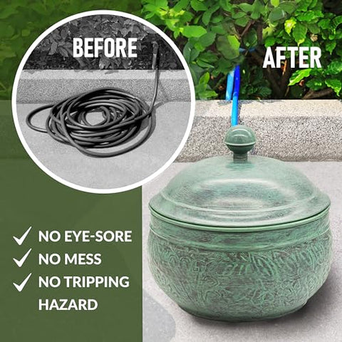 Key West Hose Pot lid in Blue Verde conceals hoses neatly outdoors.