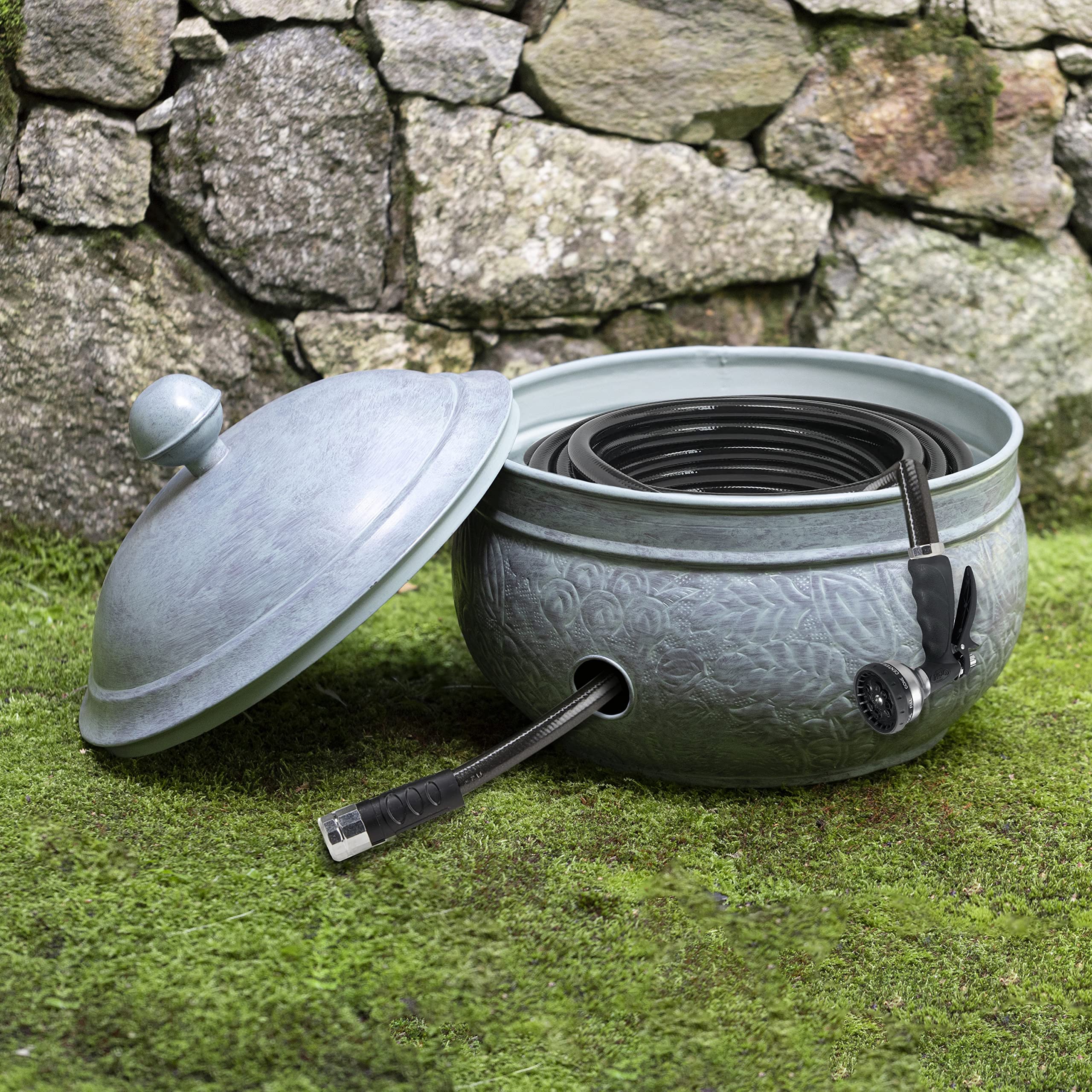 Side spigot opening allows quick hose connection to a water source.
