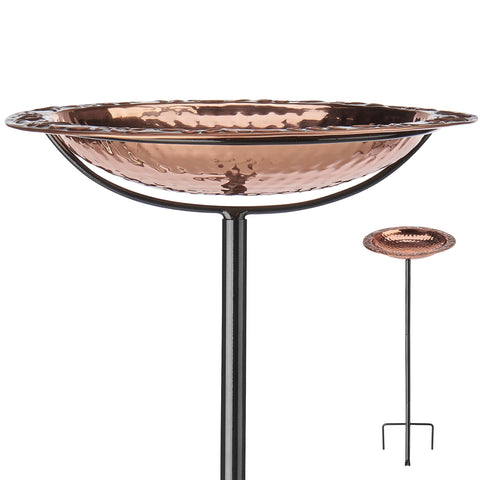 Good Directions polished copper bird bath bowl close-up with artisan hammering detail