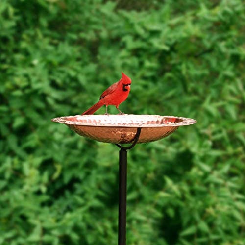 Good Directions polished copper bird bath on garden pole ready for birds