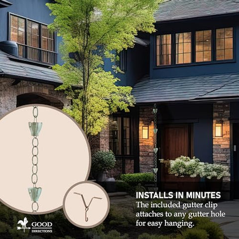 Eight-and-a-half-foot rain chain guides water gracefully from roof to ground.