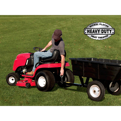 Lawn mower with hitch pin attached for secure towing and attachment