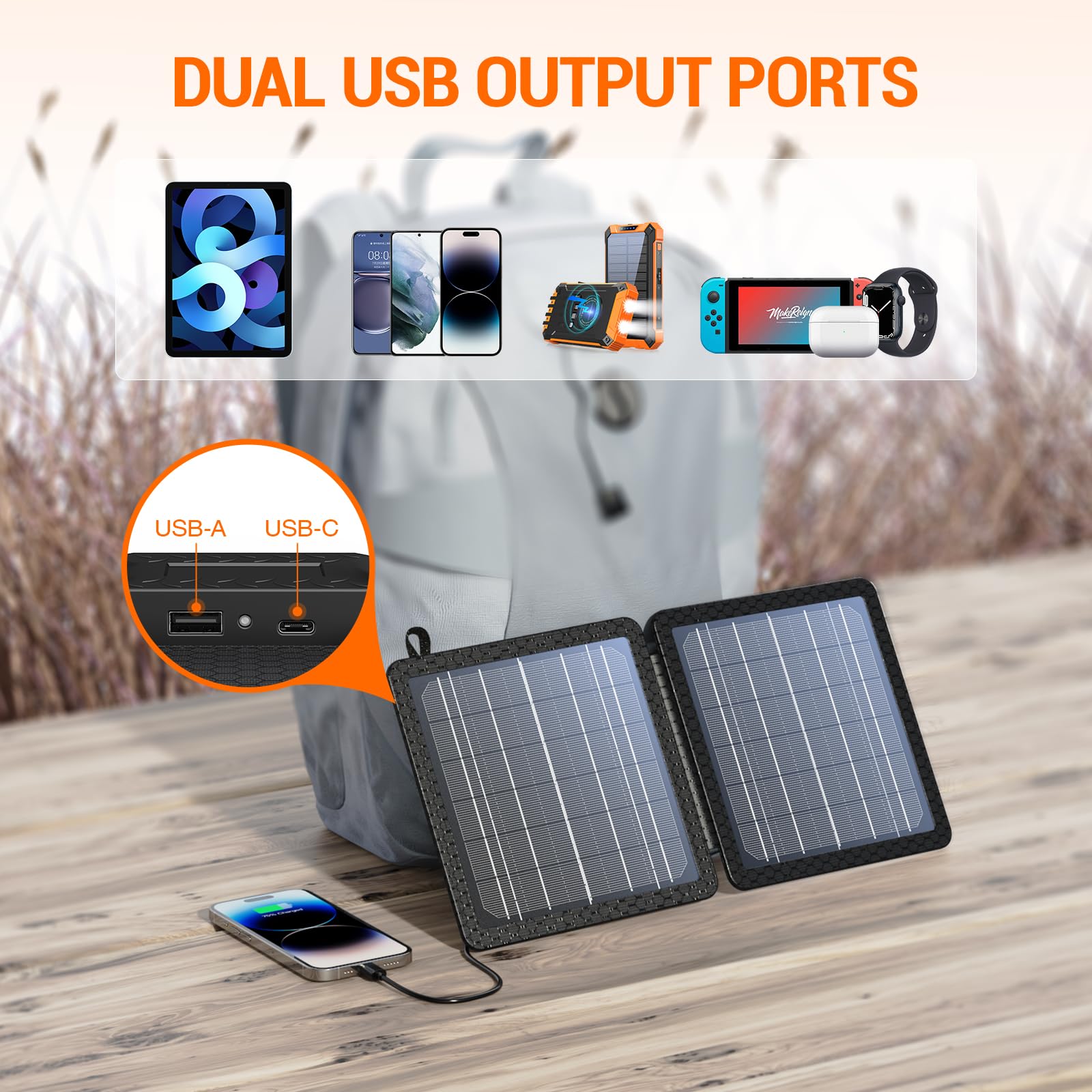 GOODaaa panel with dual USB outputs charges phones and tablets anywhere.
