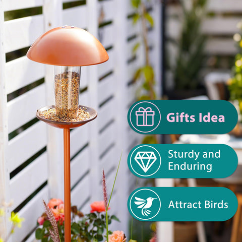 Goodeco bird feeder with pole stand securely placed along garden path.