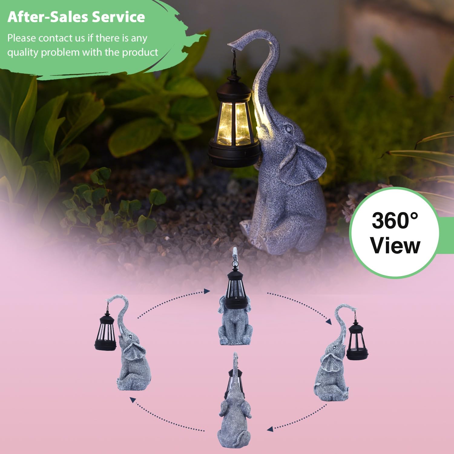 Goodeco Elephant Statue garden lantern at night provides a warm glow along paths.