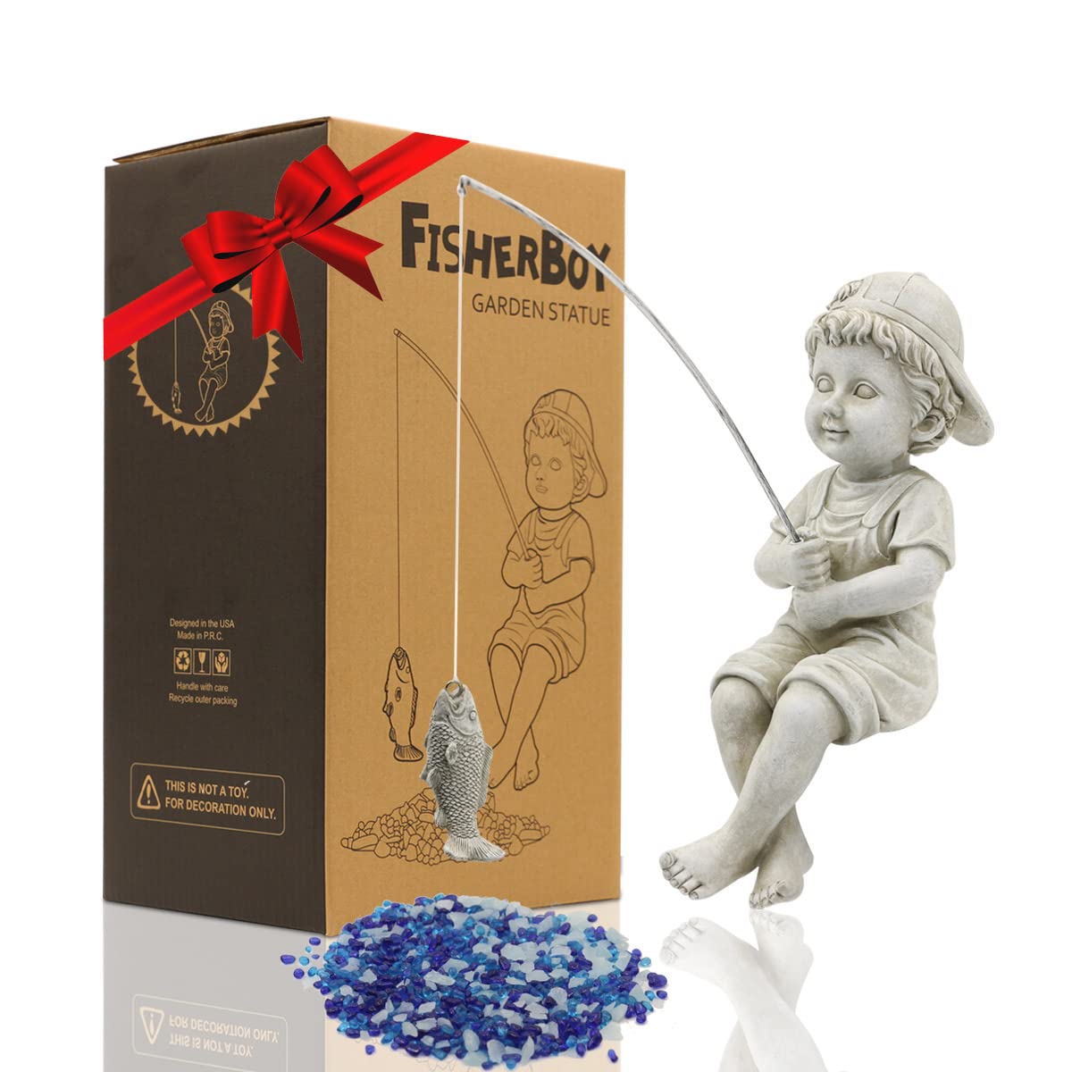 Goodeco Fisherboy statue beside pond edge, adds playful charm for outdoor spaces