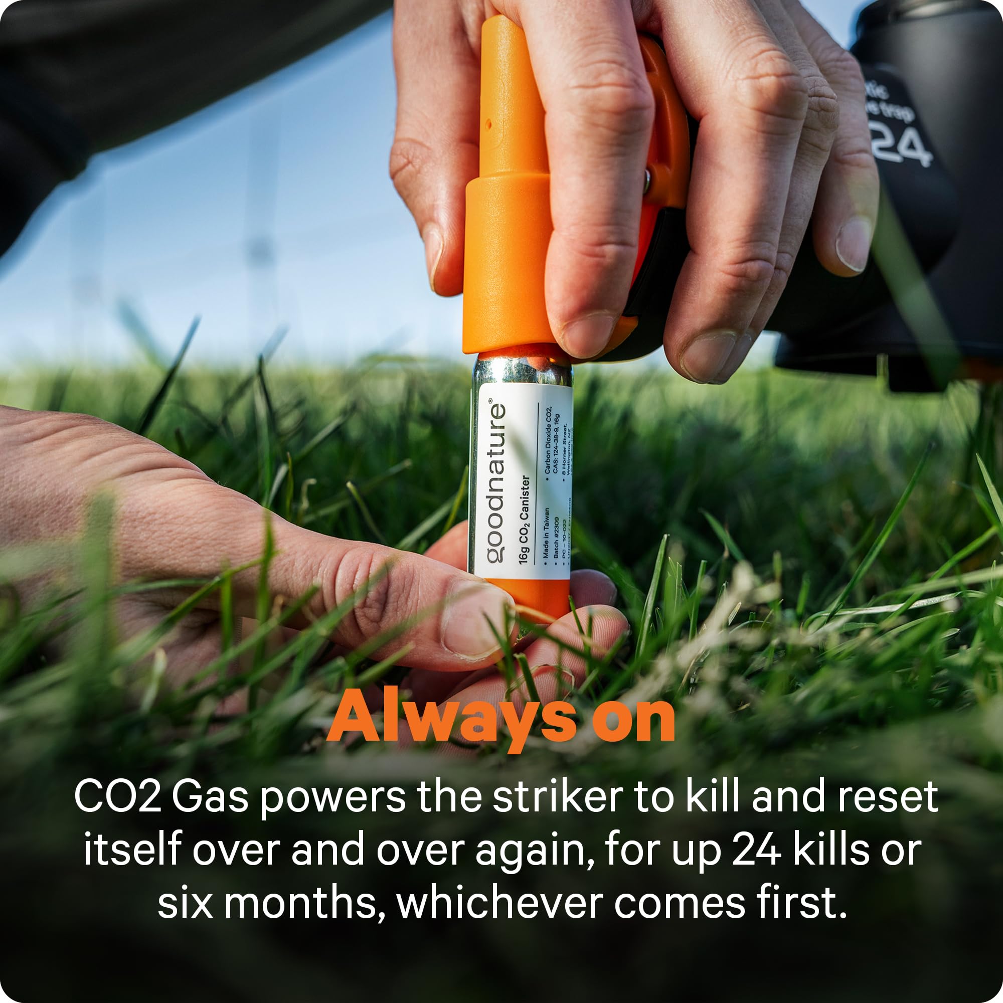 Goodnature 16g CO2 canister powers automatic reloading of traps