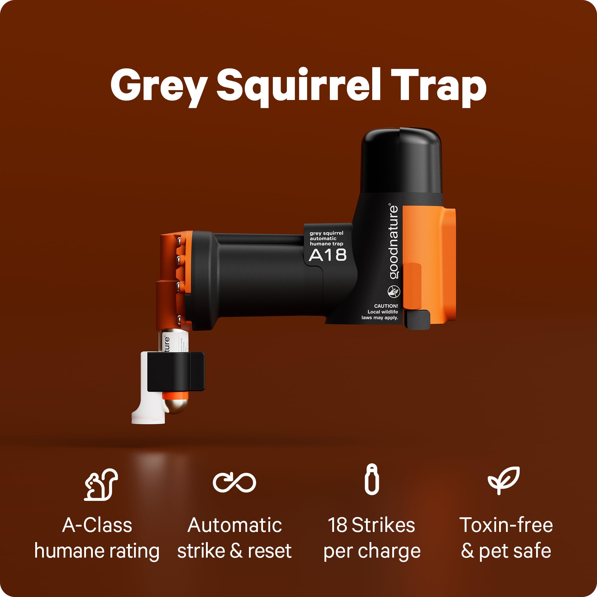 Goodnature A18 grey squirrel trap side view shows weatherproof outdoor housing