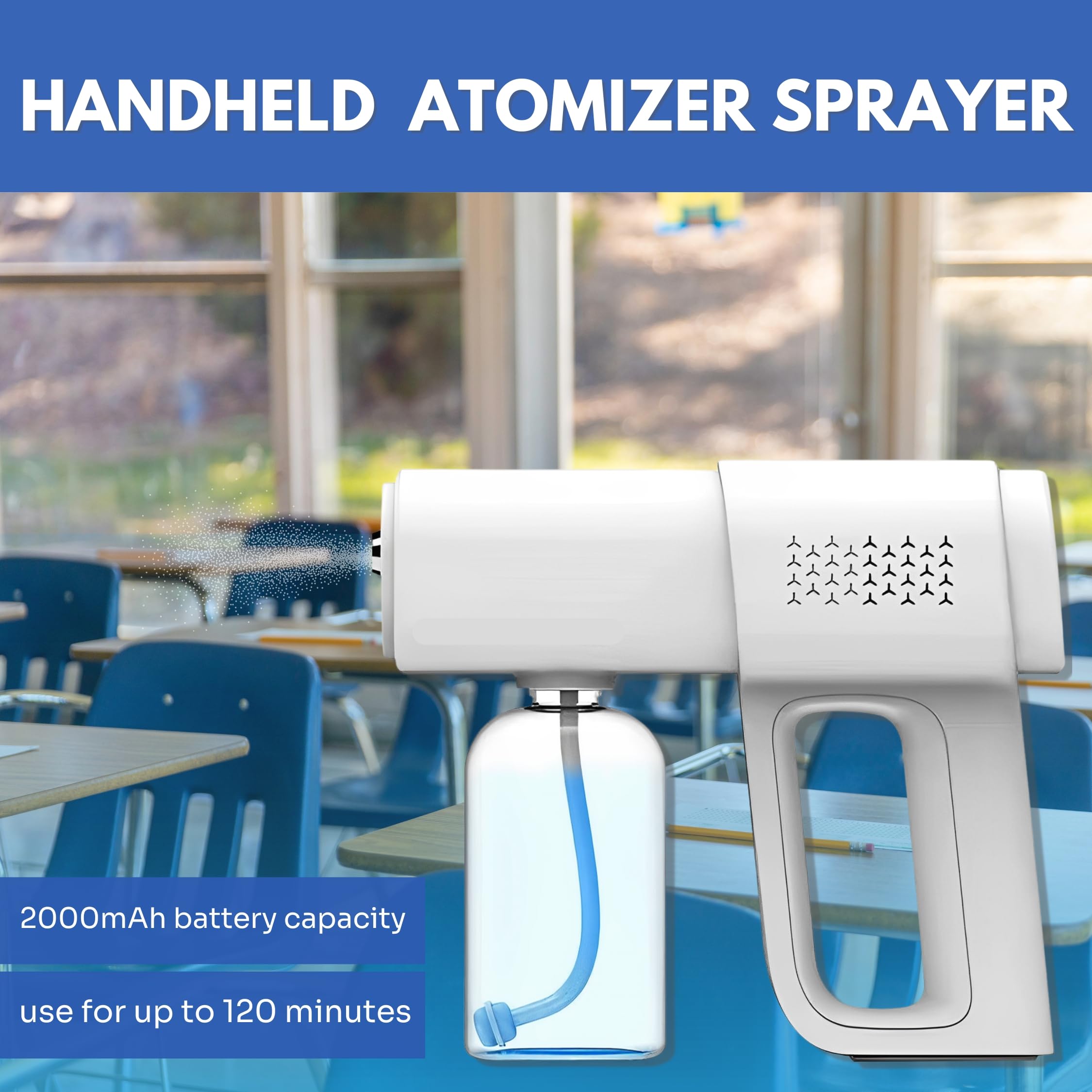 Goodscious K5 Pro cordless fogger showing range for efficient cleaning anywhere.
