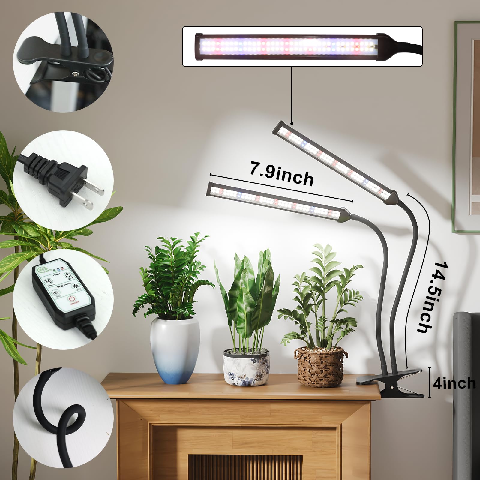GooingTop dual-head full-spectrum clip-on lamp evenly covers leafy greens.