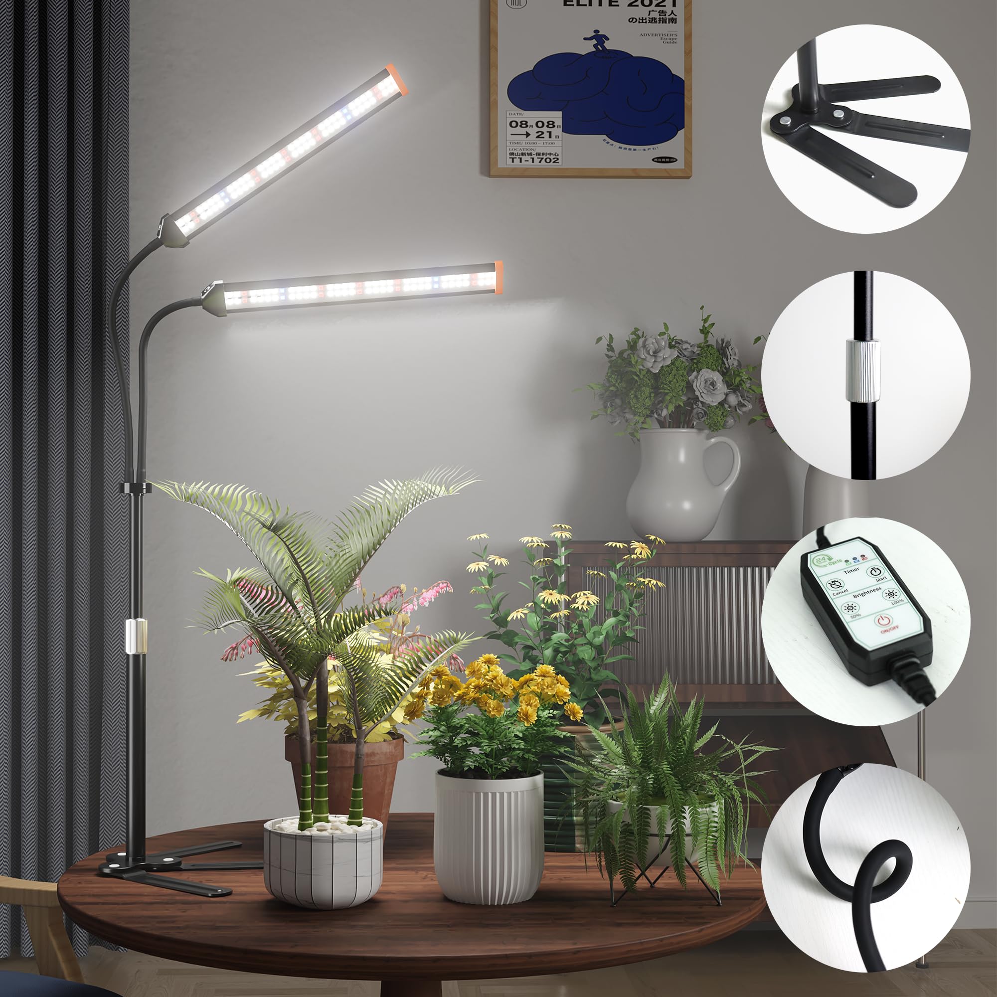 Flexible gooseneck allows precise lighting angles for plants