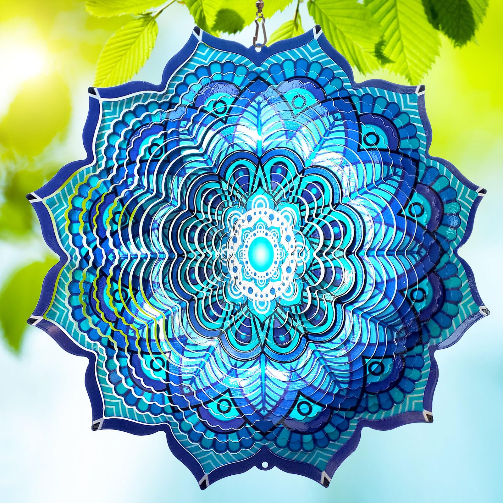 Goolyrusim wind spinner mandala rich blue 12inch gleams in sunlight with vibrant outdoor color.