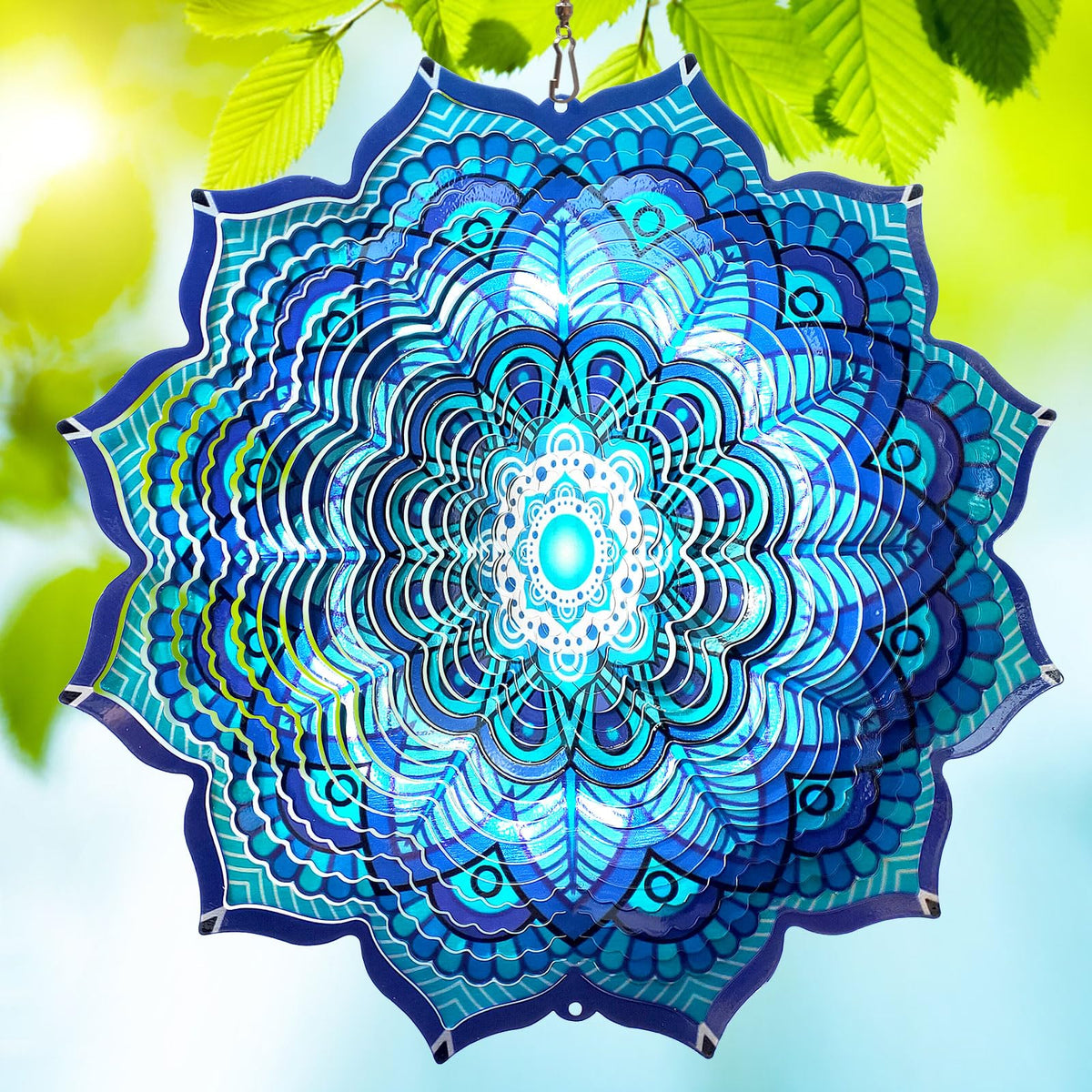 Goolyrusim wind spinner mandala rich blue 12inch gleams in sunlight with vibrant outdoor color.
