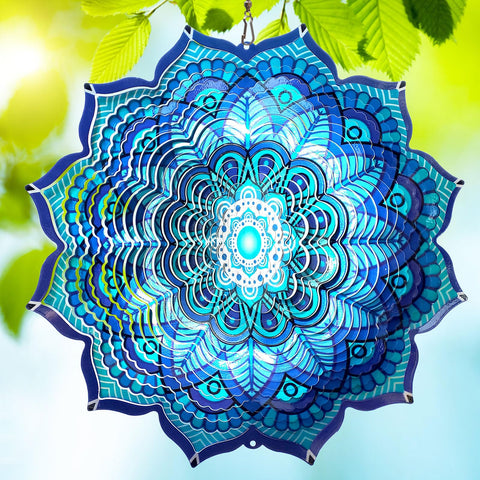 Goolyrusim wind spinner mandala rich blue 12inch gleams in sunlight with vibrant outdoor color.