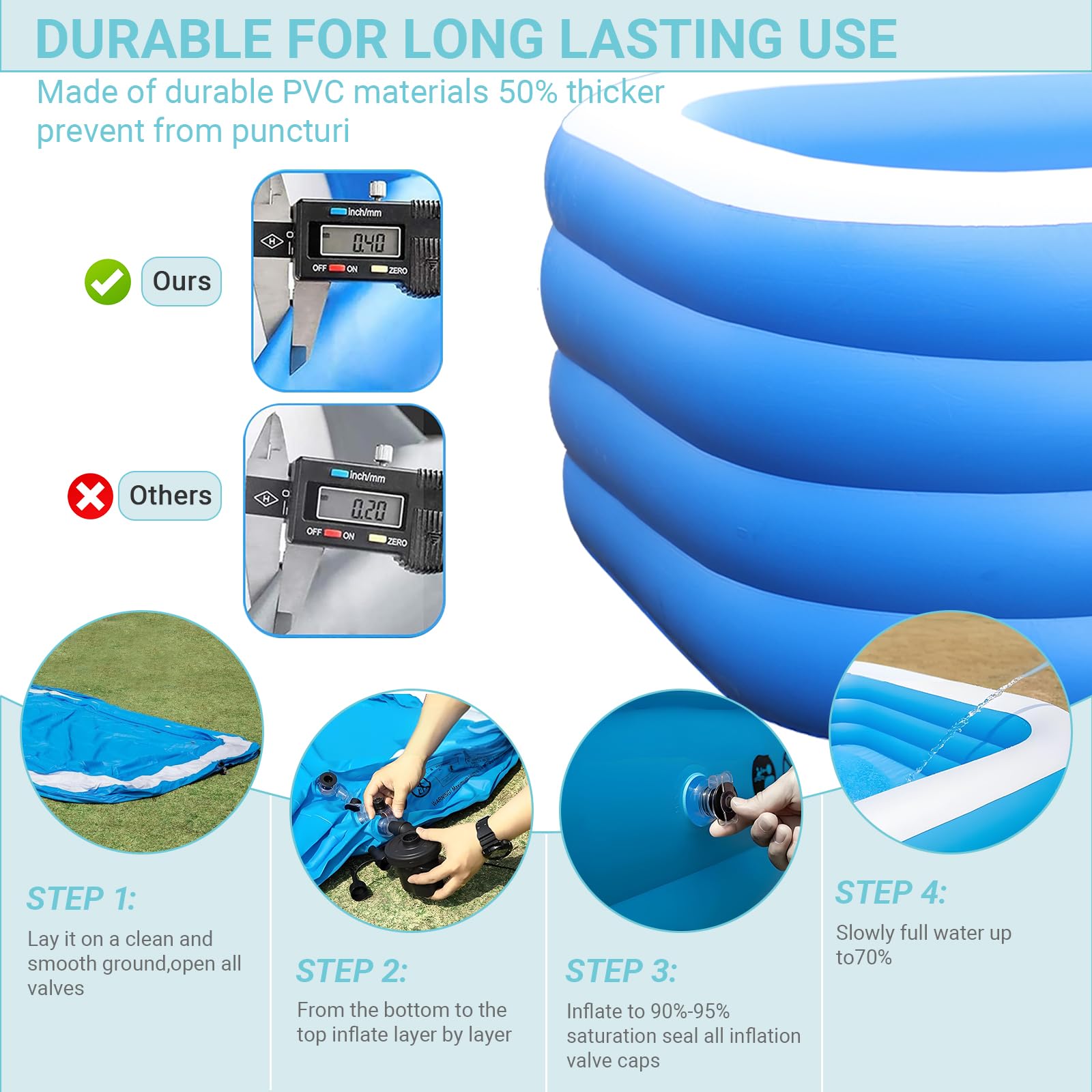 GooMood pool showcases four air chambers for stable, puncture-resistant setup.
