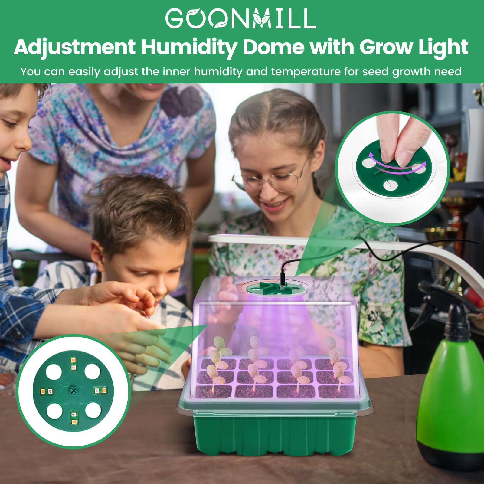 Goonmill humidity dome with adjustable vent regulates temperature and humidity.