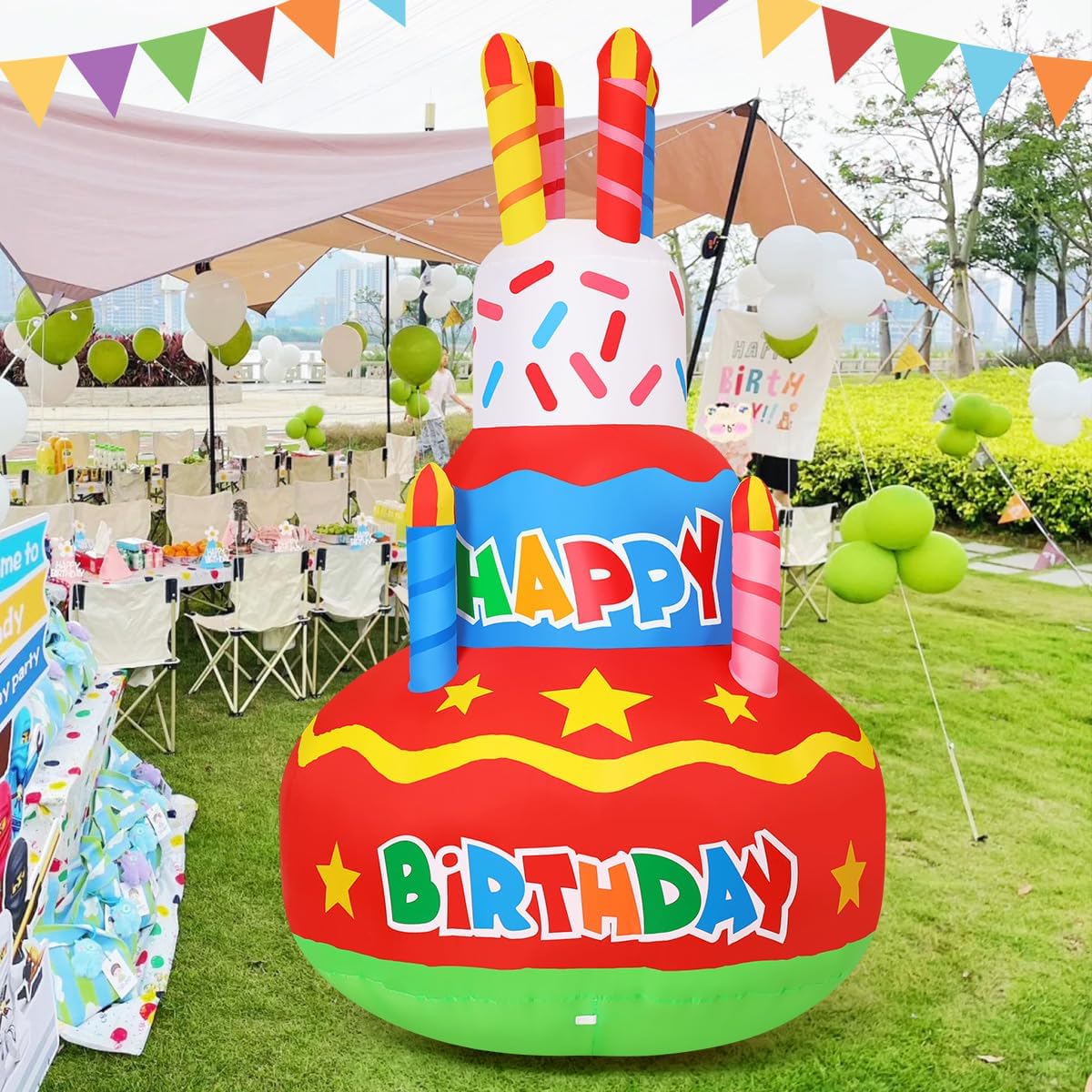 GOOSH 6.2 ft birthday cake inflatable with candles and LED lights for yard celebrations