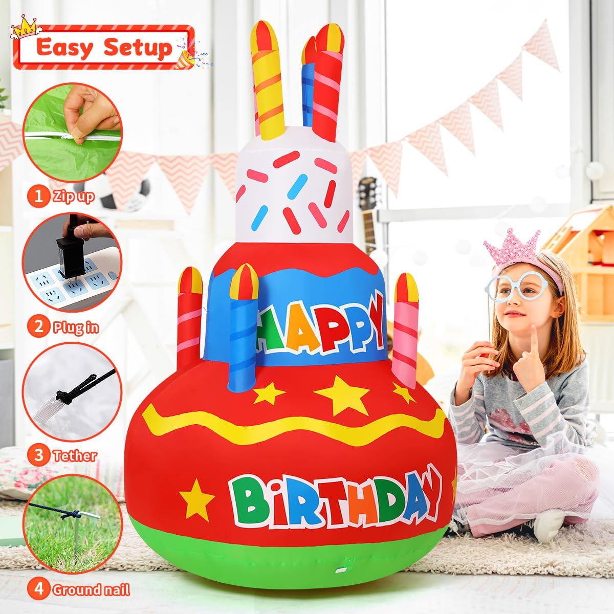 GOOSH birthday cake inflatable with candles, ideal for outdoor parties