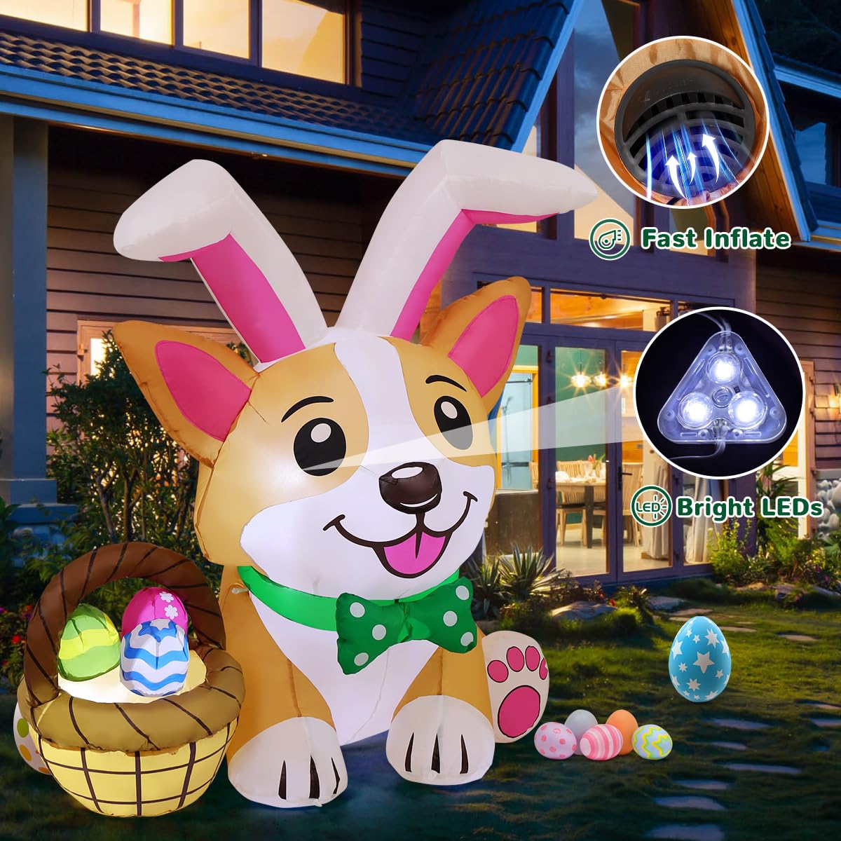 GOOSH Easter basket of colorful eggs lights up yard scenes at night.