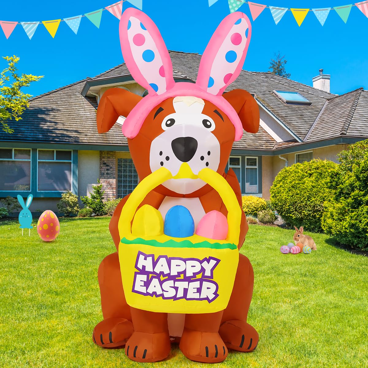 GOOSH Easter dog with bunny ears over Easter eggs for porch display.