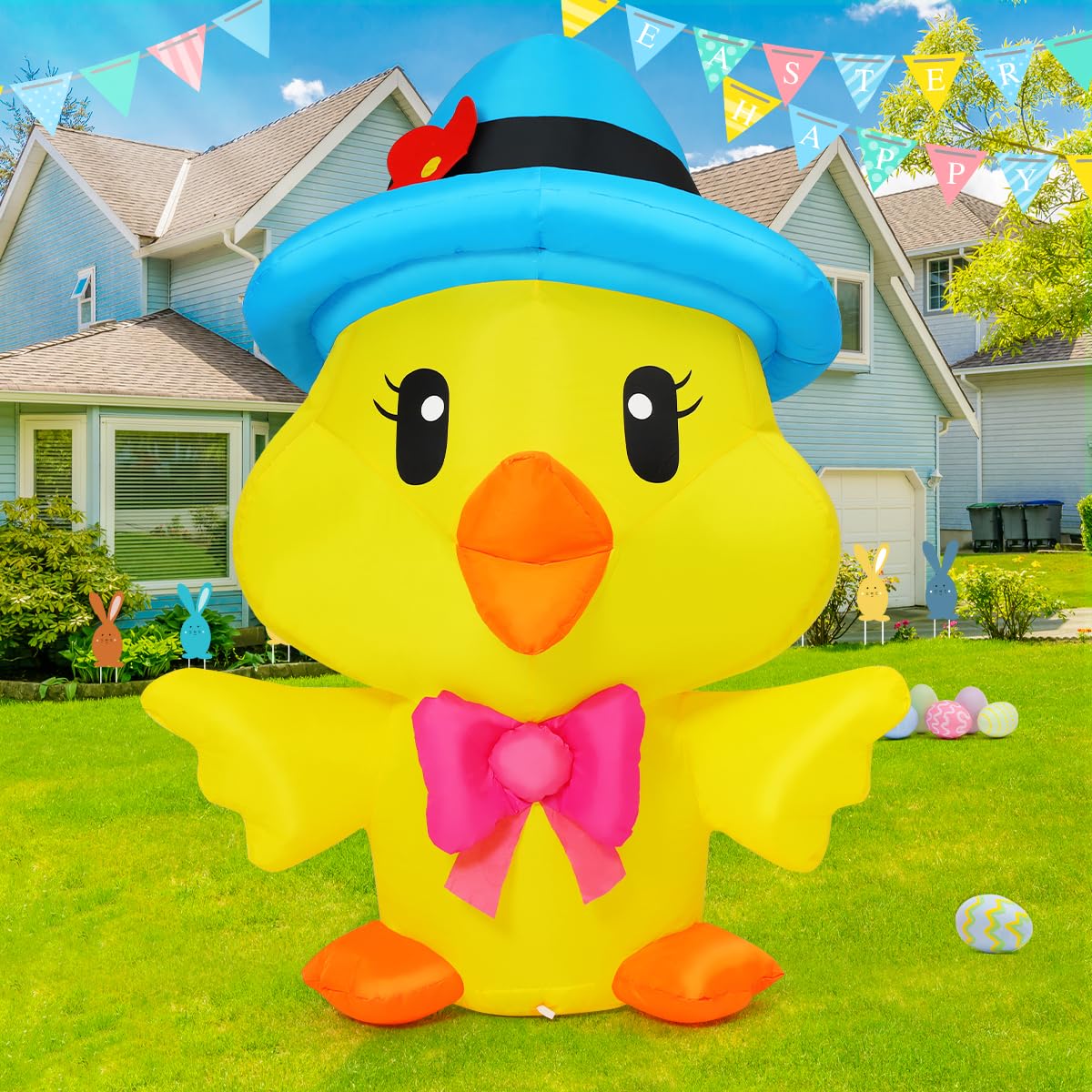 GOOSH Easter inflatable chicken with blue hat welcomes spring in the yard