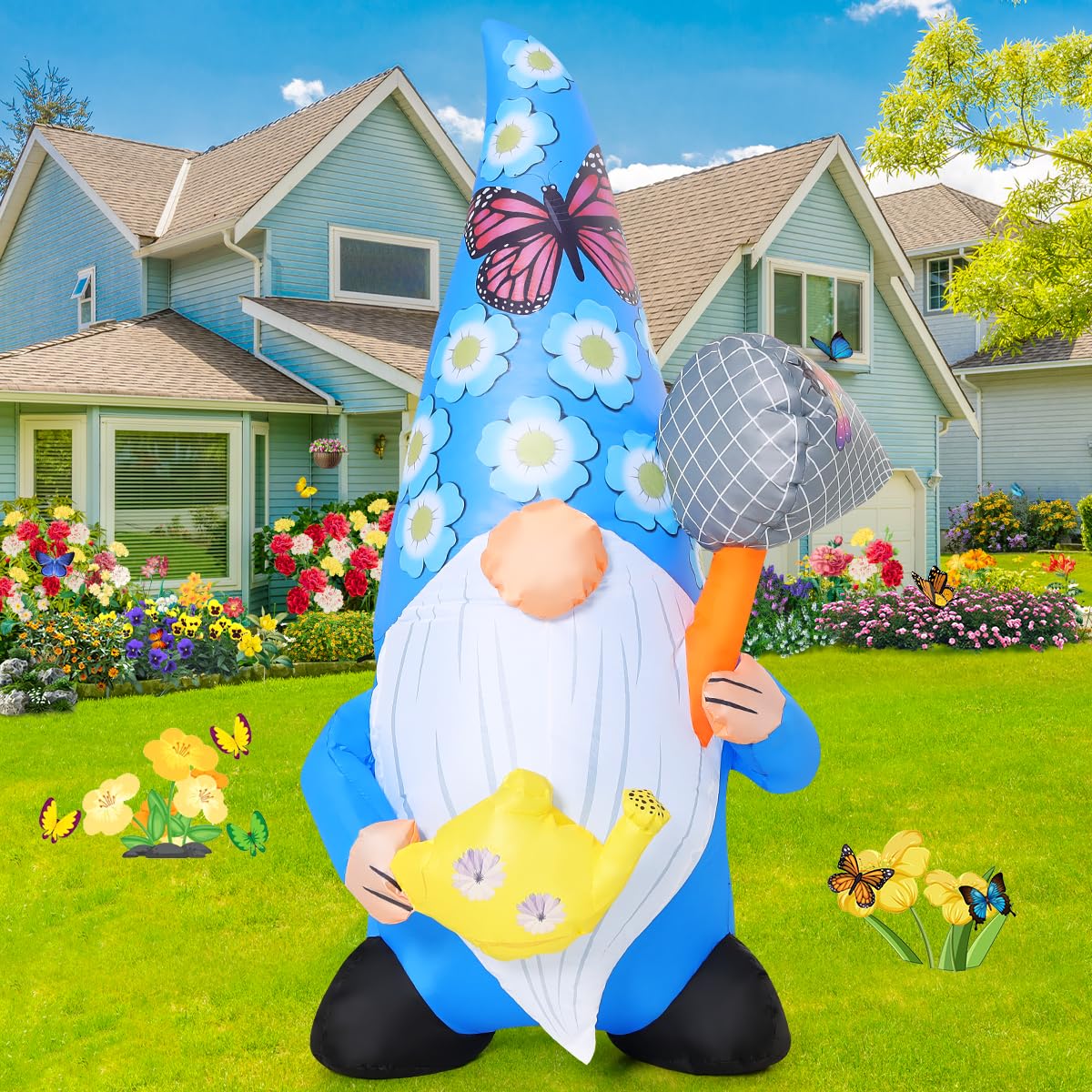 GOOSH gnome inflatable with butterfly hat and LED lights enhances garden ambiance