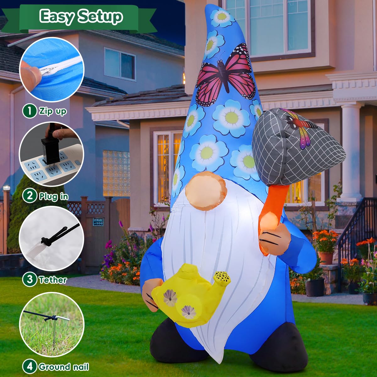 GOOSH ground stakes and sandbag help secure the inflatable gnome