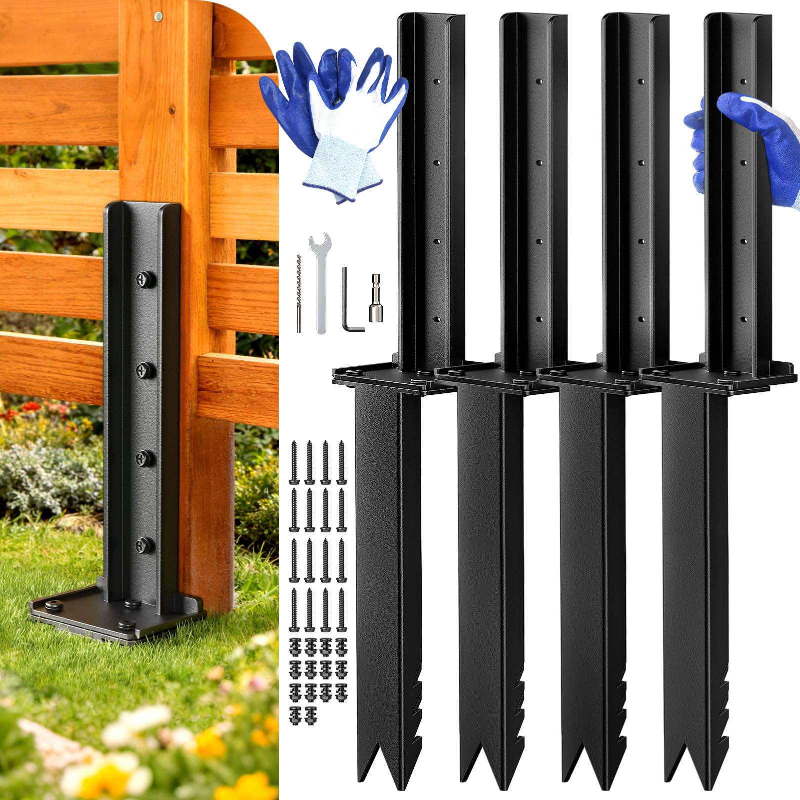 Goovilla fence post repair kit packaging with included tools for quick DIY repairs.