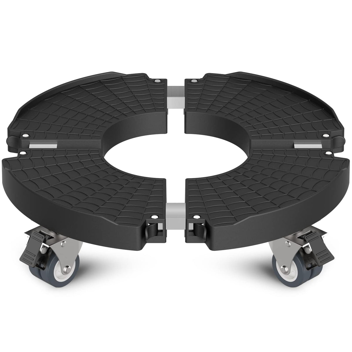 Goovilla heavy duty plant stand with wheels, front view showing sturdy frame and lockable casters in use.