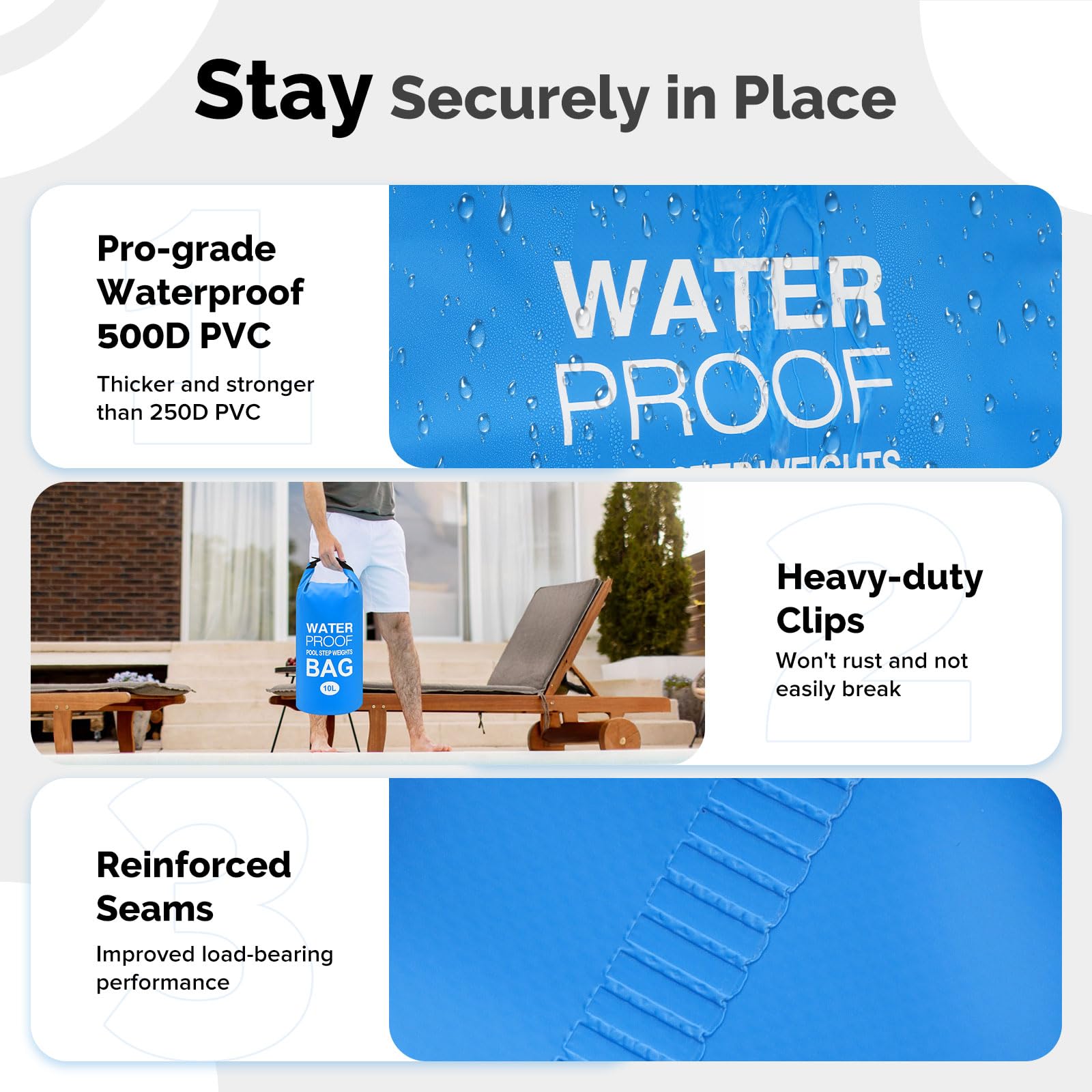 Goovilla pool ladder weights 500D PVC highlights rugged, waterproof build.
