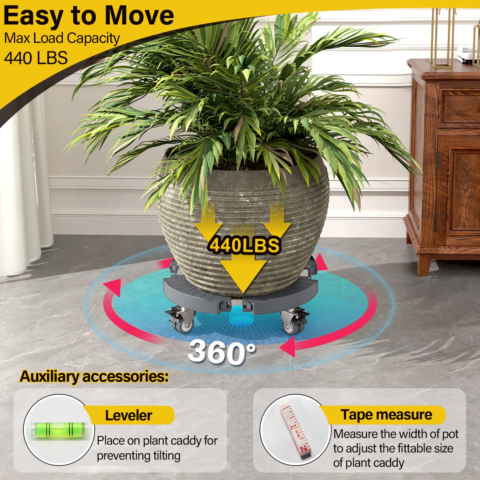 Goovilla rolling plant caddy with lockable brakes for stable movement.