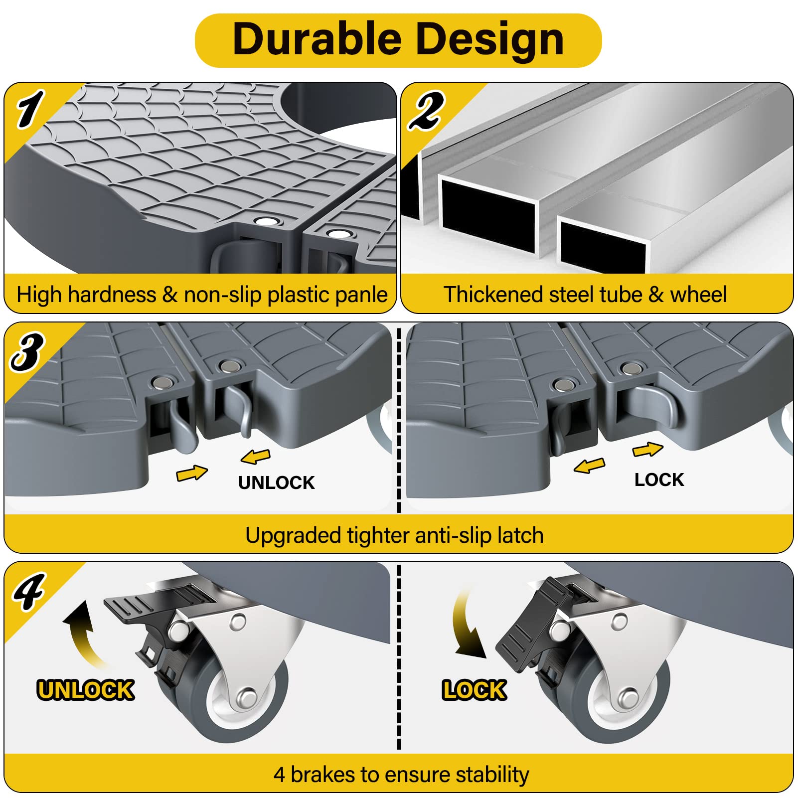 Sturdy plastic panel and steel frame, 440 lb capacity.