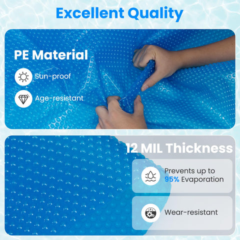Goplus blue round solar pool cover demonstrating color and debris protection