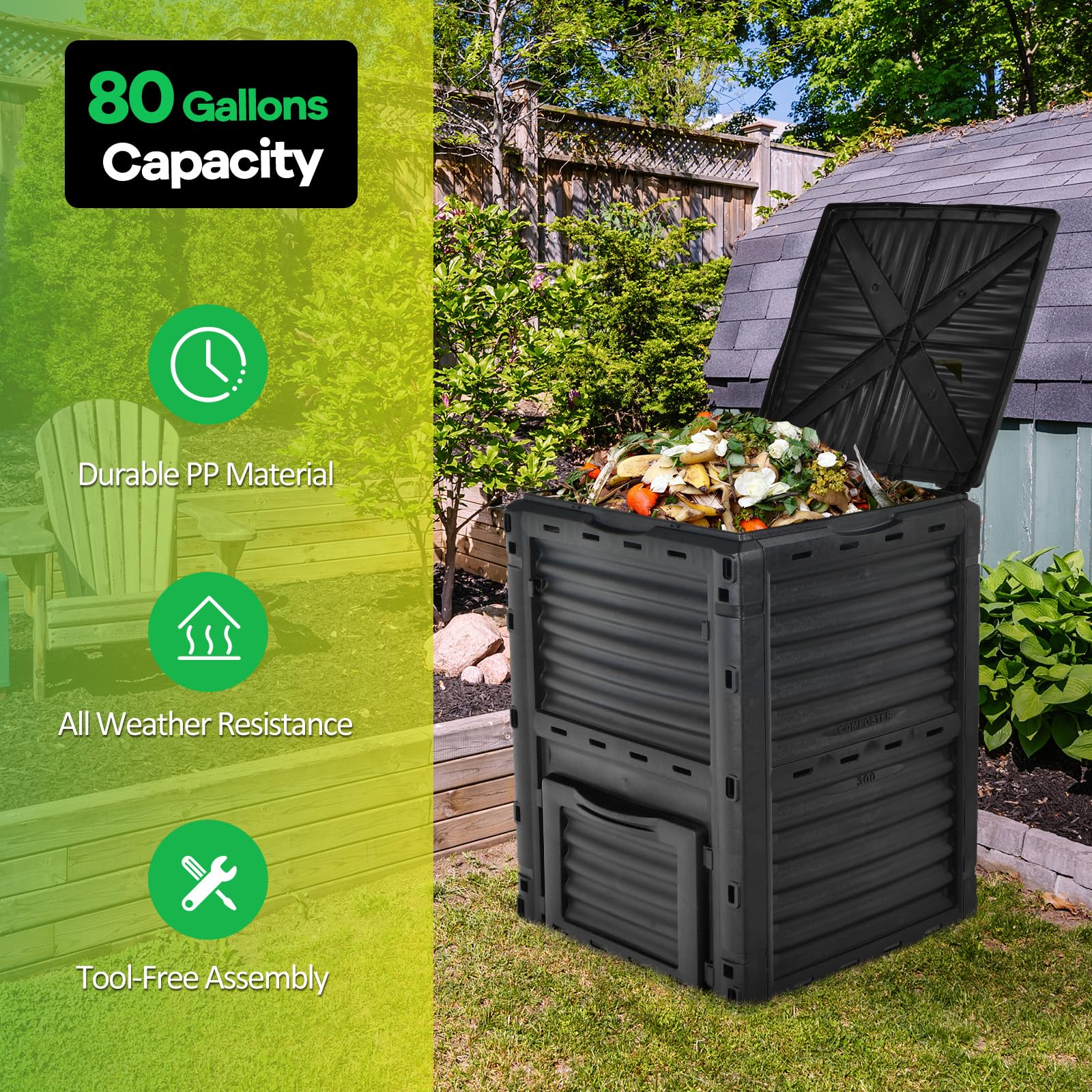 Goplus bottom exit door enables easy access to finished compost.