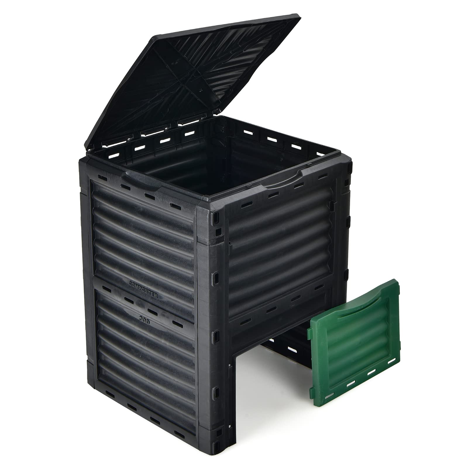 Goplus compost bin in garden recycling kitchen scraps.