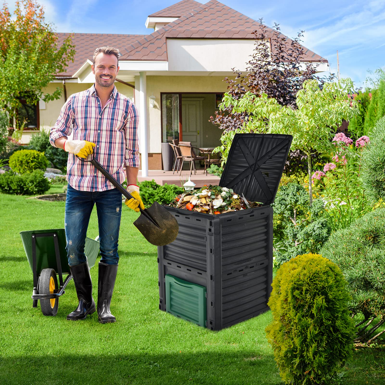 Goplus compost bin top flip lid opened for easy loading.
