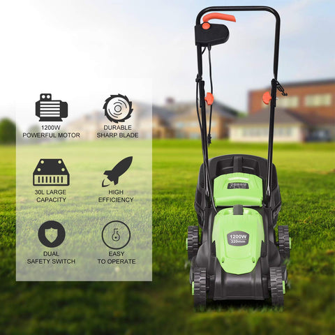 Goplus lawn mower folding handle for compact storage.