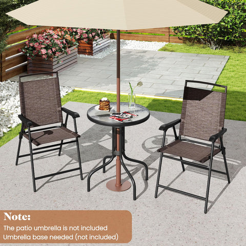 Goplus bistro chairs foldable for compact storage after outdoor meals.