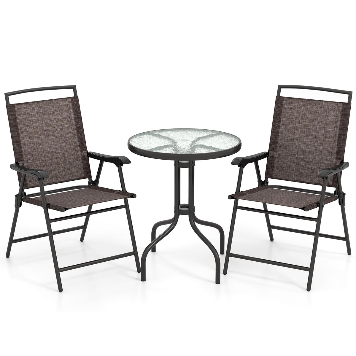 Goplus patio bistro set round table with tempered glass for outdoor dining.