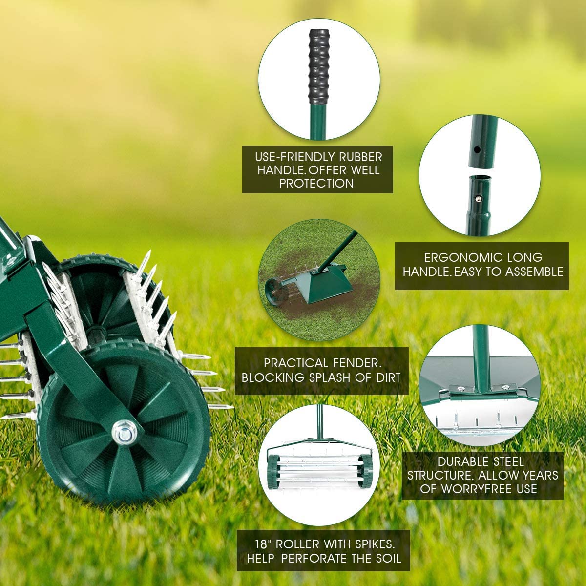 Goplus PP side rollers enable smooth movement across turf.