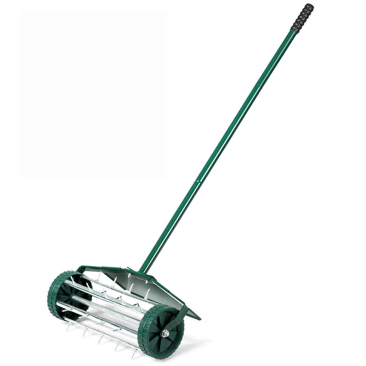 Goplus rolling lawn aerator with 18-inch tine spikes for deeper soil penetration.